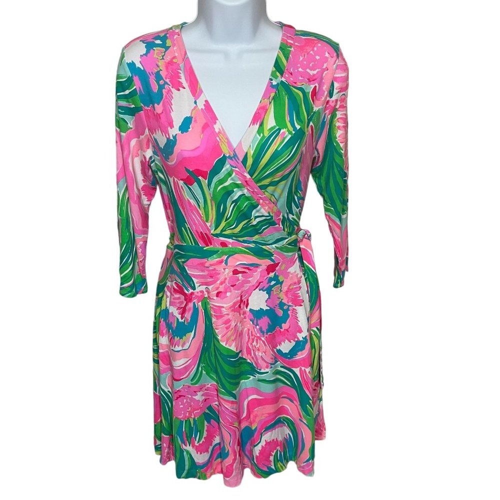 Lilly Pulitzer Womens Emilia Long Sleeve Wrap Dress Paradise Bound Serene Blue - Picture 3 of 11